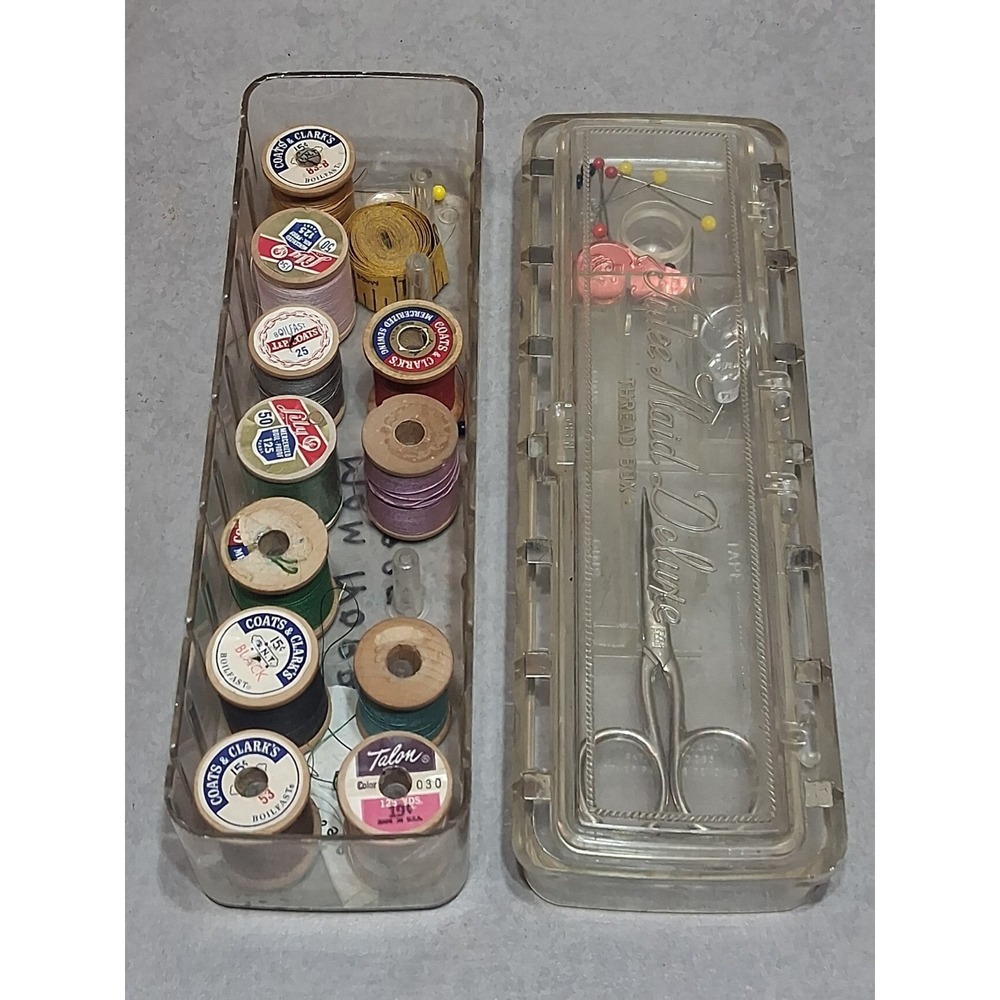 Vintage Clear Tidee Maid Rare Thread Box With Spools And Scissors